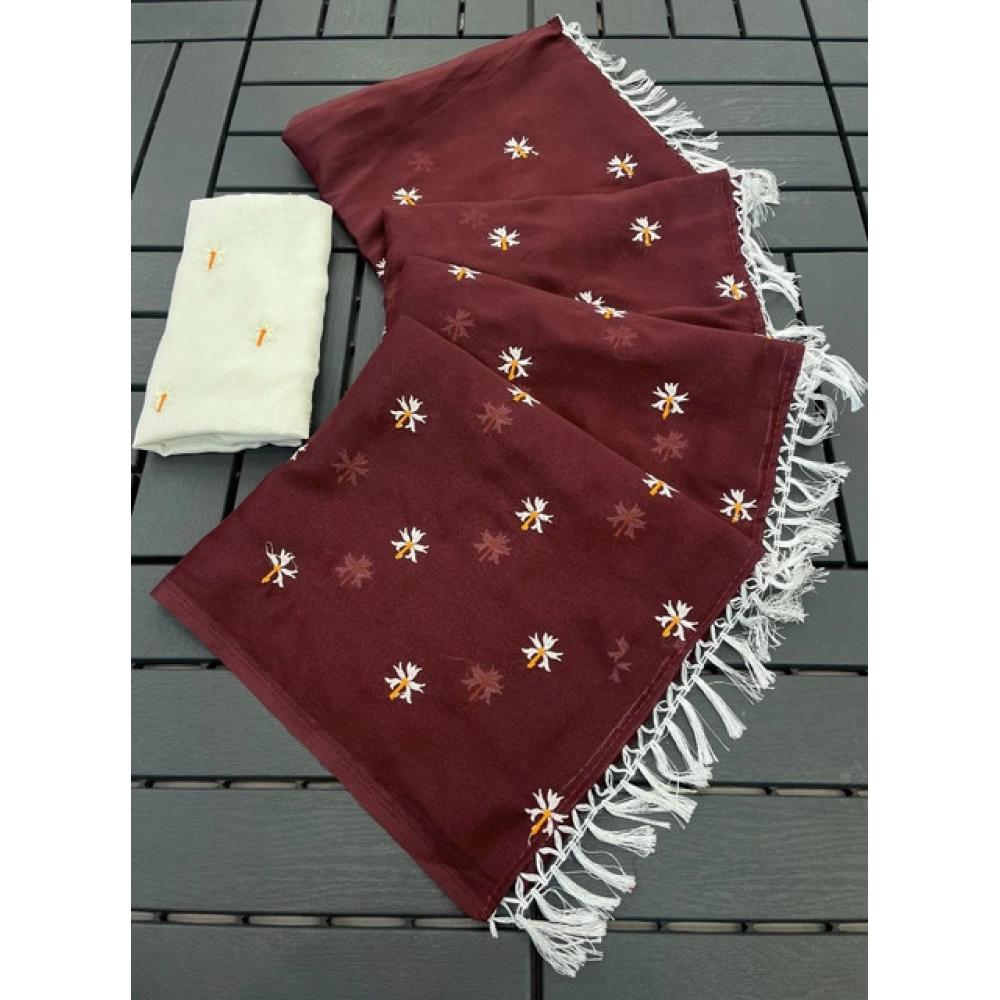 Women's Georgette Embellished Saree with Blouse – Maroon