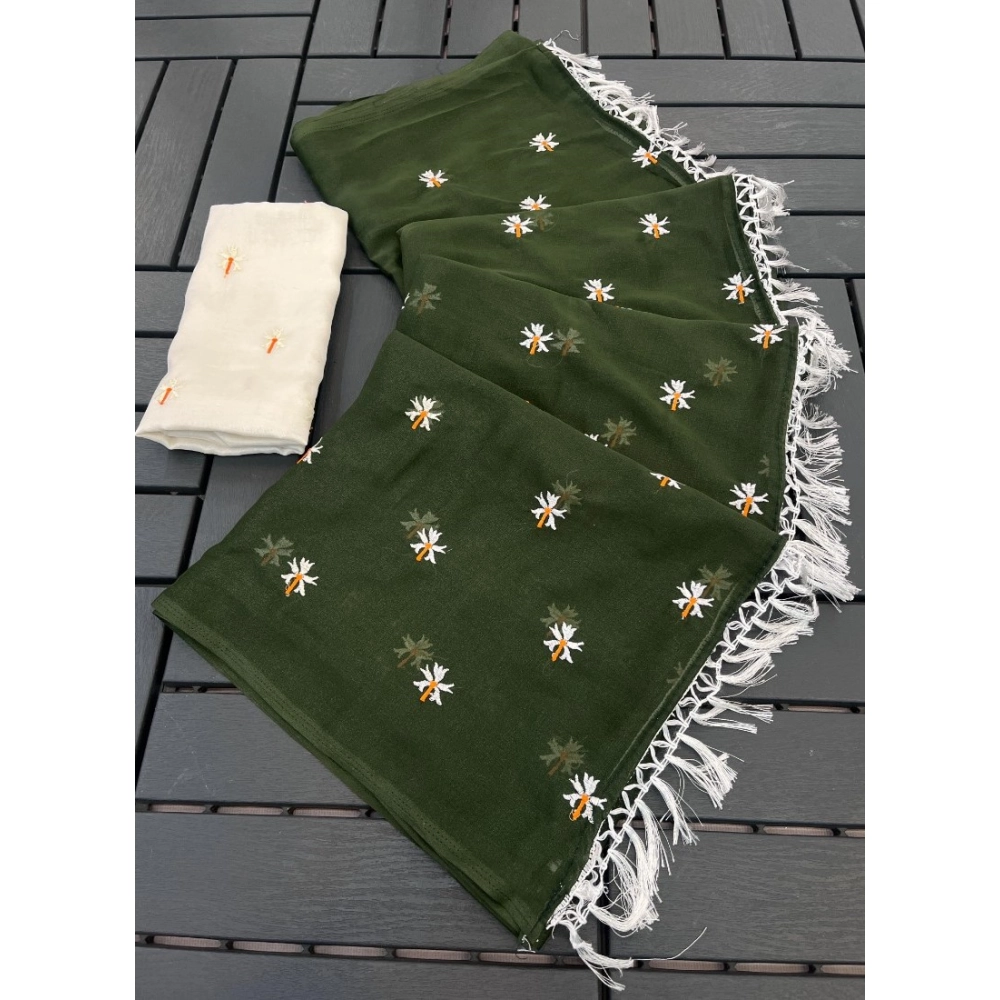 Women's Georgette Embellished Saree with Blouse – Green