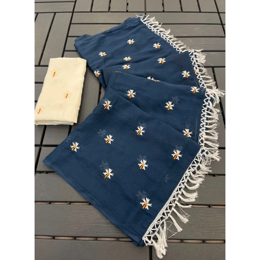 Women's Georgette Embellished Saree with Blouse – Navy