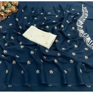 Women's Georgette Embellished Saree with Blouse – Navy