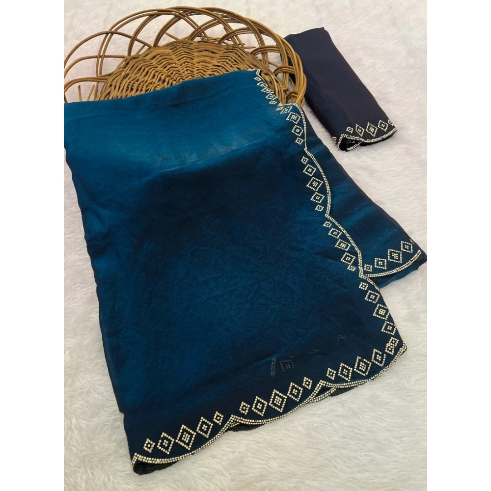 Women's Satin Embellished Saree with Blouse – Navy Blue