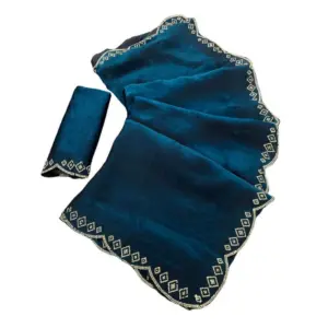 Women's Satin Embellished Saree with Blouse – Navy Blue