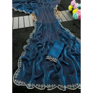 Women's Satin Embellished Saree with Blouse – Navy Blue