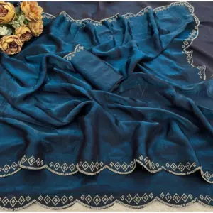 Women's Satin Embellished Saree with Blouse – Navy Blue