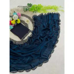 Women's Satin Embellished Saree with Blouse – Navy Blue
