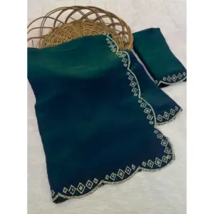 Women's Satin Embellished Saree with Blouse – Bottle Green