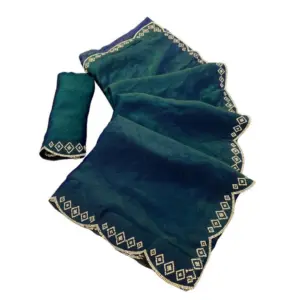 Women's Satin Embellished Saree with Blouse – Bottle Green
