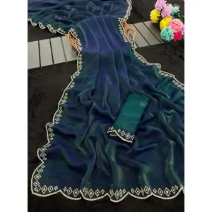 Women's Satin Embellished Saree with Blouse – Bottle Green