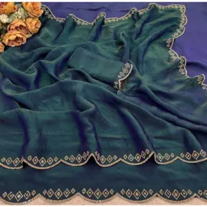 Women's Satin Embellished Saree with Blouse – Bottle Green