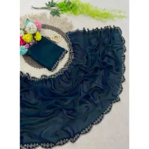 Women's Satin Embellished Saree with Blouse – Bottle Green