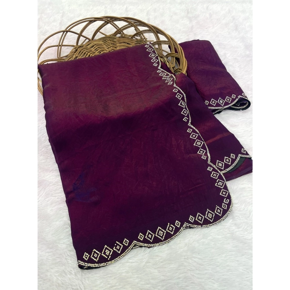 Women's Satin Embellished Saree with Blouse – Wine