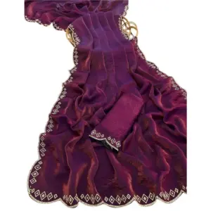 Women's Satin Embellished Saree with Blouse – Wine