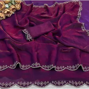 Women's Satin Embellished Saree with Blouse – Wine