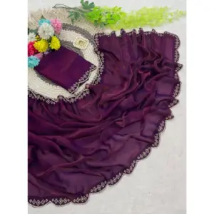 Women's Satin Embellished Saree with Blouse – Wine