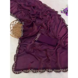 Women's Satin Embellished Saree with Blouse – Wine