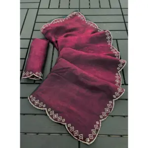 Women's Satin Embellished Saree with Blouse – Burgundy
