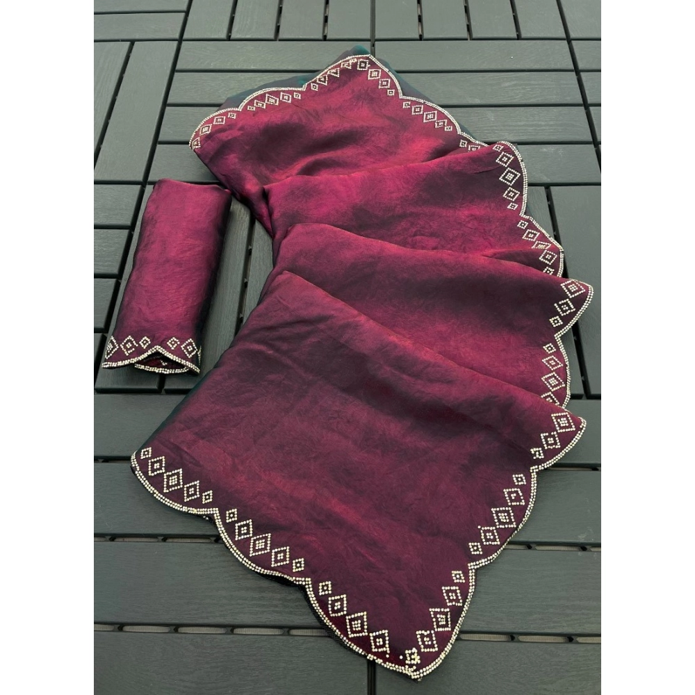 Women's Satin Embellished Saree with Blouse – Burgundy