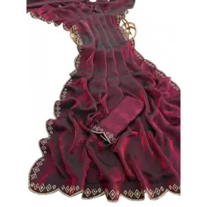 Women's Satin Embellished Saree with Blouse – Burgundy