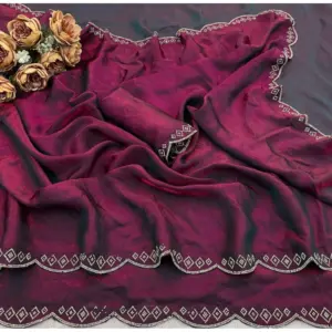 Women's Satin Embellished Saree with Blouse – Burgundy