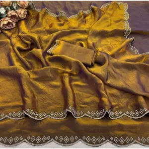 Women's Satin Embellished Saree with Blouse – Mustard