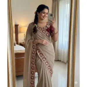 Women's Star Georgette Embroidered Saree with Blouse – Beige