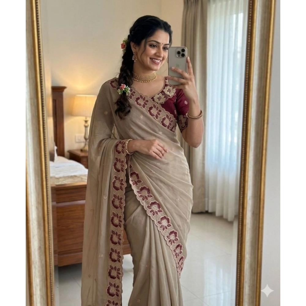 Women's Star Georgette Embroidered Saree with Blouse – Beige