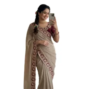 Women's Star Georgette Embroidered Saree with Blouse – Beige