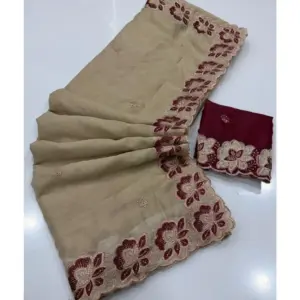 Women's Star Georgette Embroidered Saree with Blouse – Beige
