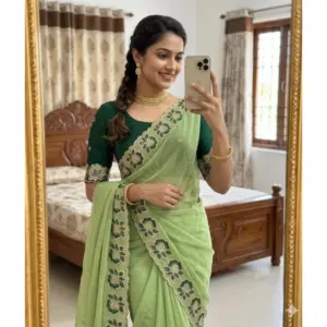 Women's Star Georgette Embroidered Saree with Blouse – Green