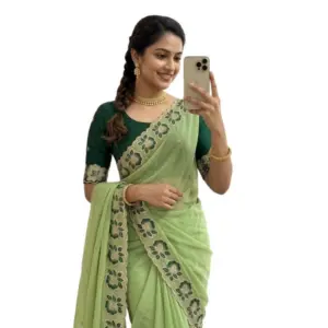 Women's Star Georgette Embroidered Saree with Blouse – Green