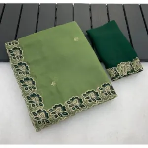 Women's Star Georgette Embroidered Saree with Blouse – Green