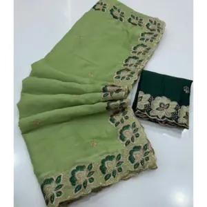 Women's Star Georgette Embroidered Saree with Blouse – Green