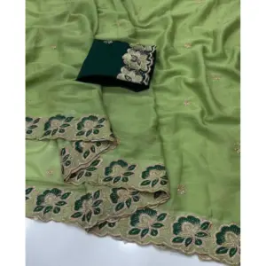 Women's Star Georgette Embroidered Saree with Blouse – Green