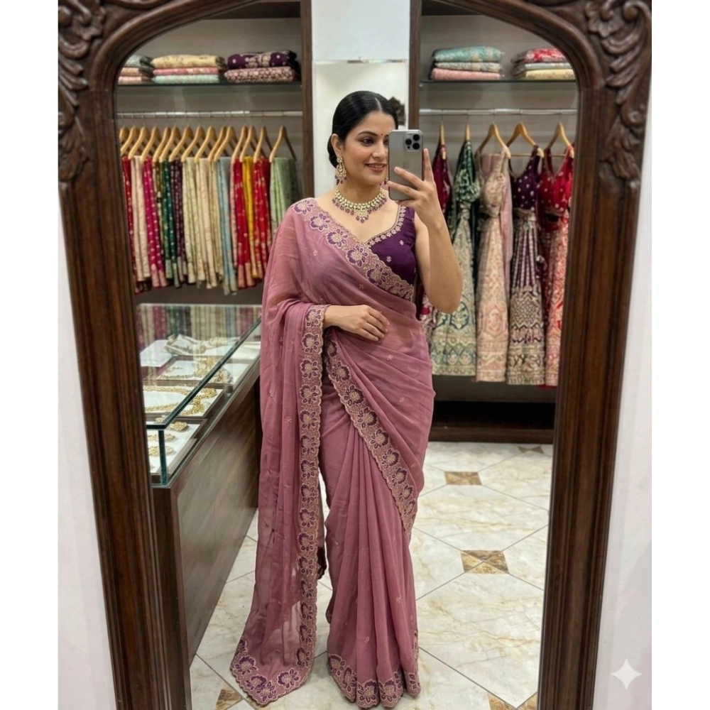 Women's Star Georgette Embroidered Saree with Blouse – Pink