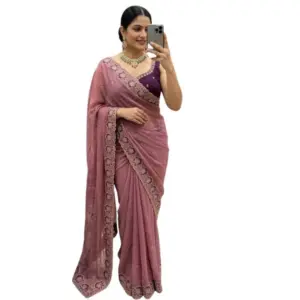 Women's Star Georgette Embroidered Saree with Blouse – Pink