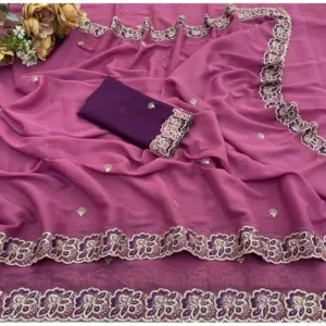 Women's Star Georgette Embroidered Saree with Blouse – Pink
