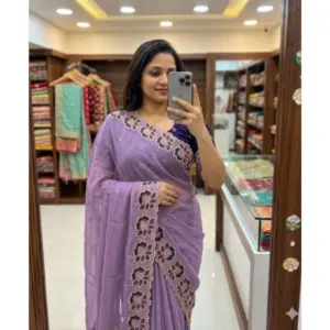 Women's Star Georgette Embroidered Saree with Blouse – Purple