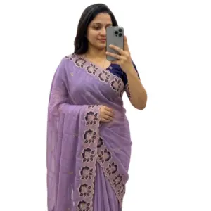 Women's Star Georgette Embroidered Saree with Blouse – Purple