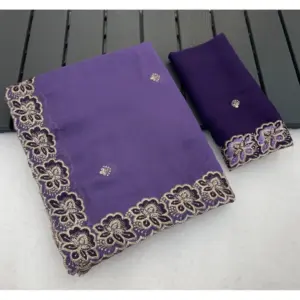 Women's Star Georgette Embroidered Saree with Blouse – Purple