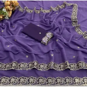 Women's Star Georgette Embroidered Saree with Blouse – Purple
