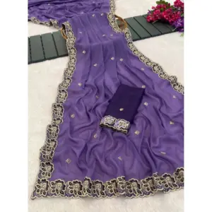 Women's Star Georgette Embroidered Saree with Blouse – Purple