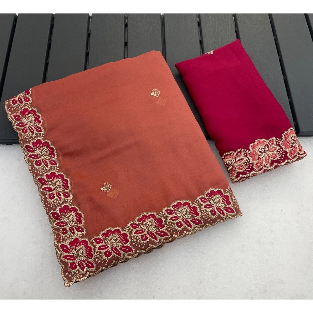 Women's Star Georgette Embroidered Saree with Blouse – Orange