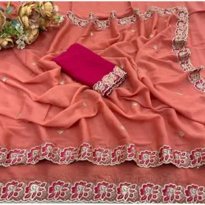 Women's Star Georgette Embroidered Saree with Blouse – Orange