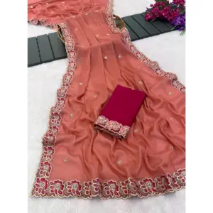 Women's Star Georgette Embroidered Saree with Blouse – Orange