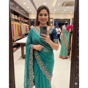 Women's Star Georgette Embroidered Saree with Blouse – Sea Green