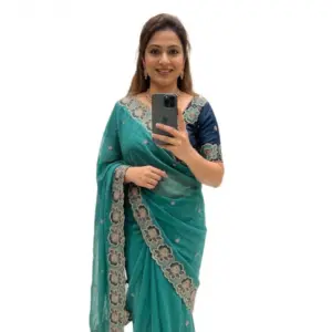 Women's Star Georgette Embroidered Saree with Blouse – Sea Green