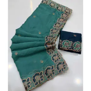 Women's Star Georgette Embroidered Saree with Blouse – Sea Green
