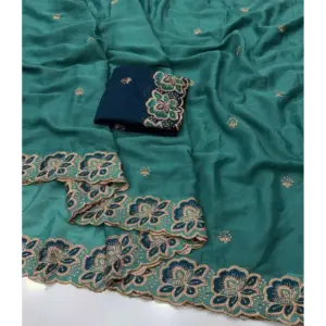 Women's Star Georgette Embroidered Saree with Blouse – Sea Green