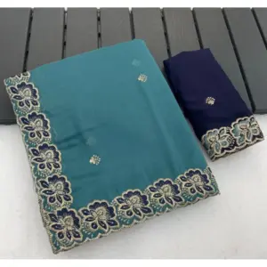 Women's Star Georgette Embroidered Saree with Blouse – Sea Green