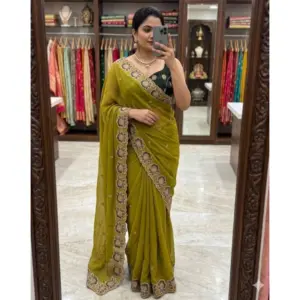 Women's Star Georgette Embroidered Saree with Blouse – Olive Green
